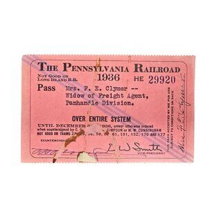 The Pennsylvania Railroad 1936 Widow Of Freight Agent Pass
